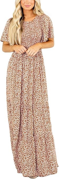 Kranda Women's Round Neck Short Flutter Sleeve Smocked Ruffle Floral Maxi Dress | Amazon (US)