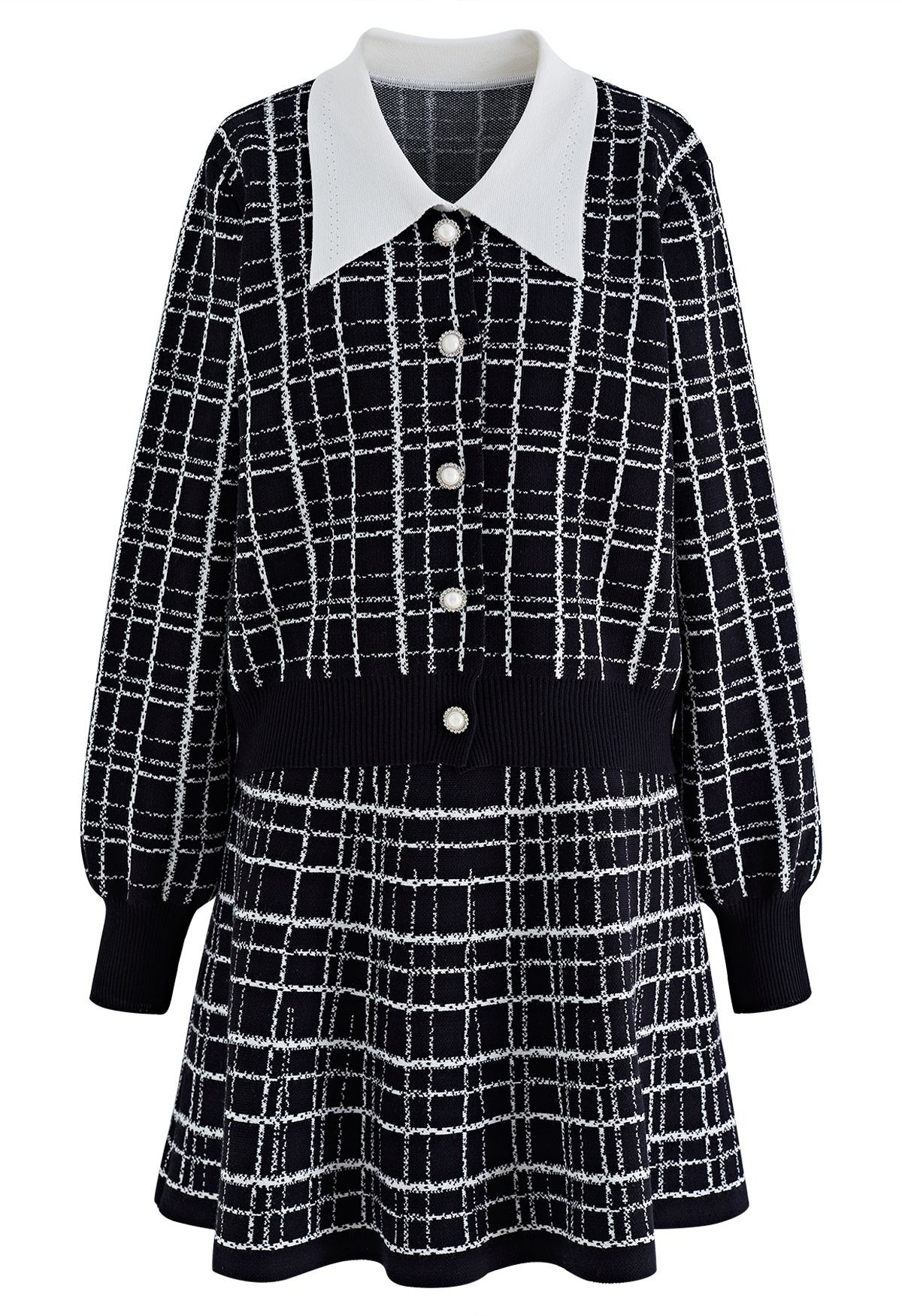 Grid Contrast Collar Knit Top and Skater Skirt Set | Chicwish