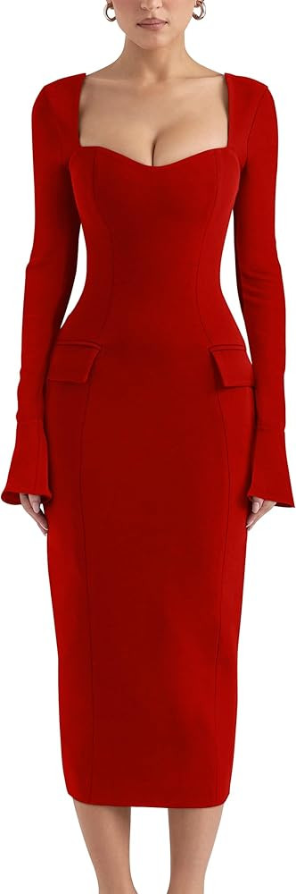 YMDUCH Women's Sexy Long Sleeve Sweetheart Neck Back Slit Bodycon Party Tight Midi Pencil Dress | Amazon (US)