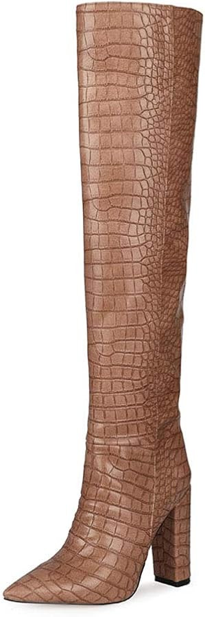 YIYA Women's Metallic Over the Knee High Boots Pointed Toe Chunky Mid Heel Thigh High Fashion Dre... | Amazon (US)