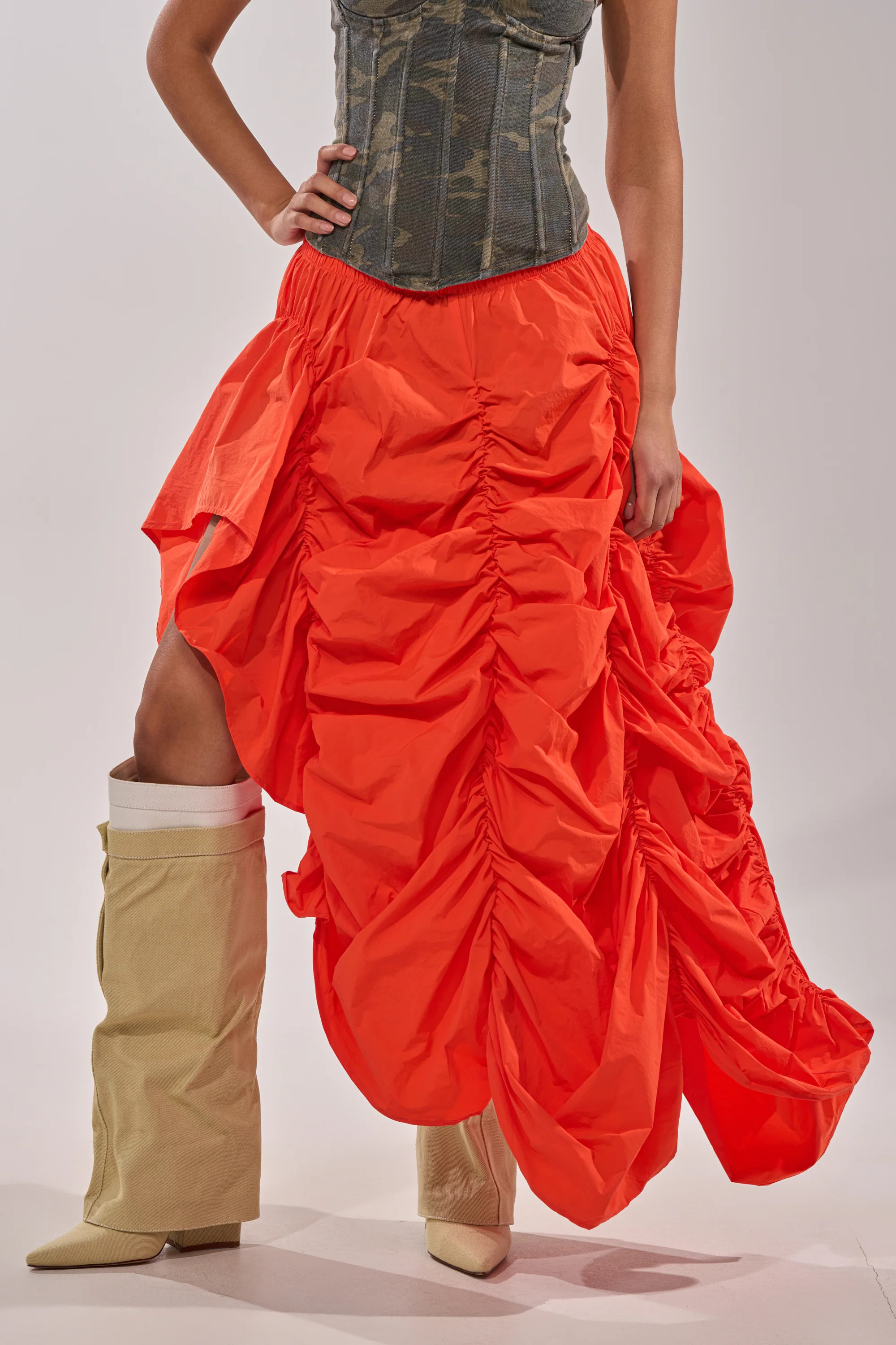 LETS CHANGE IT UP RUCHED MIDI SKIRT IN ORANGE | AKIRA