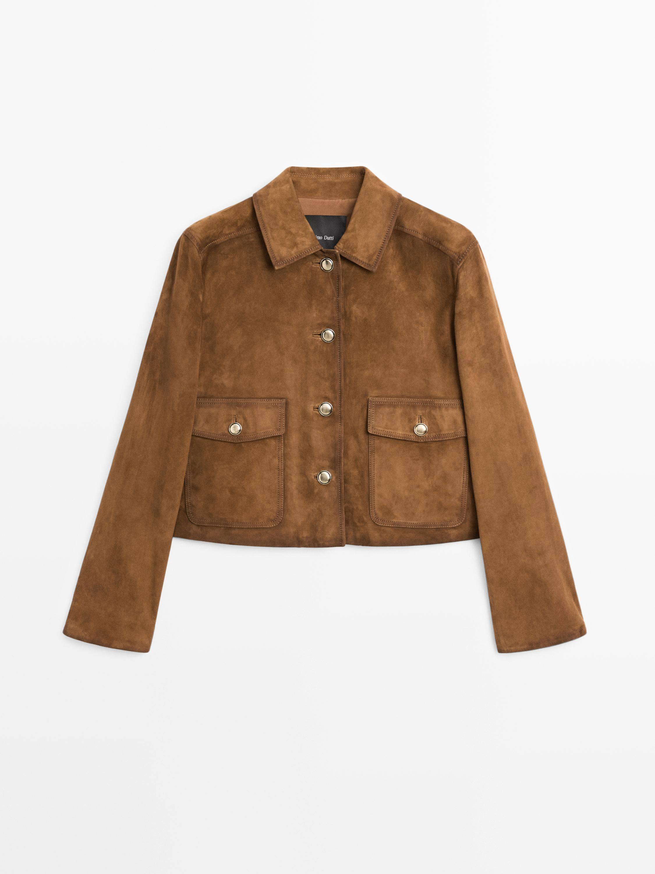 Suede leather jacket with gold-toned buttons | Massimo Dutti US