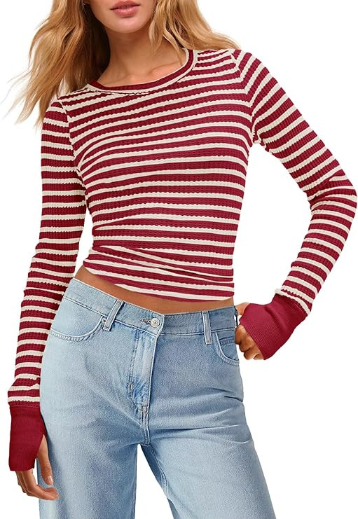 Panadila Womens Striped Long Sleeve Shirts Crewneck Waffle Knit Tops Casual Fitted T Shirts Fall ... | Amazon (US)