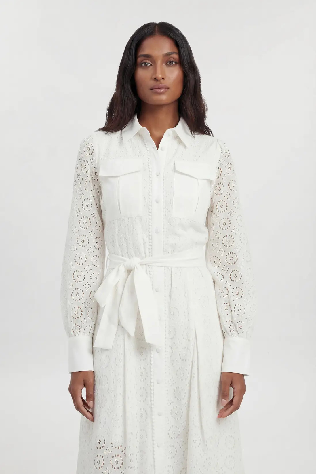 Petite Cotton Broderie Belted Shirt Dress | Karen Millen
