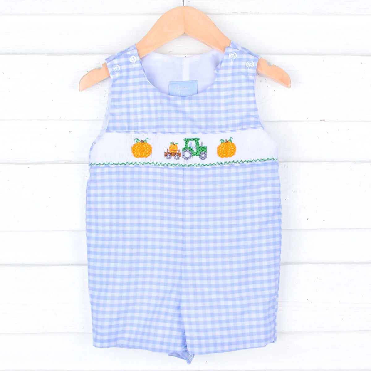 Pumpkin Hayride Blue Check Smocked Jon Jon | Classic Whimsy