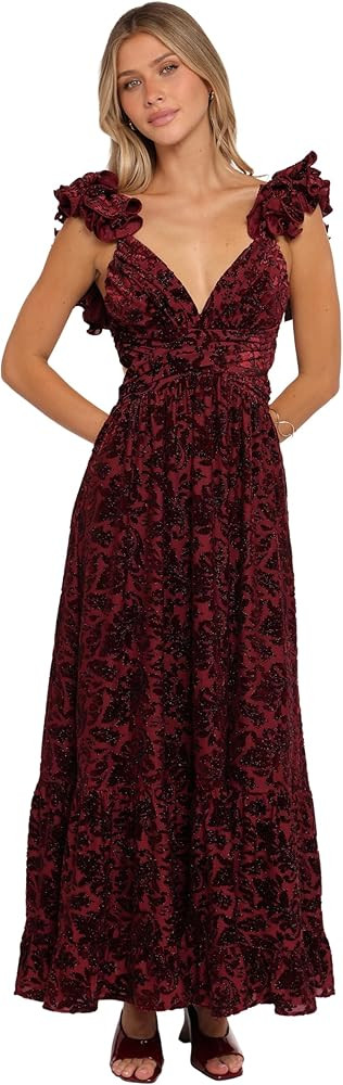 Petal & Pup Womens Harmony-Maxi-Dress-Burgundy-Metallic-Floral | Amazon (US)