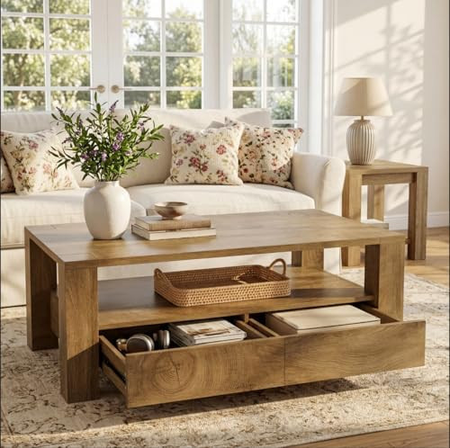Tribesigns Farmhouse Coffee Table with Storage, 47" Large Rectangle Coffee Table with 2 Drawers & Open Shelf, Mid Century Modern Wood Living Room Center Tea Table or Apartment, Office, Rustic Brown | Amazon (US)