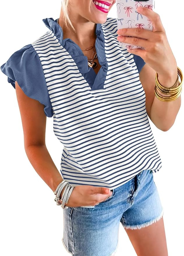 Tankaneo Womens Ruffle Cap Sleeve Tank Tops Cute Summer Striped Shirts Puff Sleeve Pleated V Neck... | Amazon (US)
