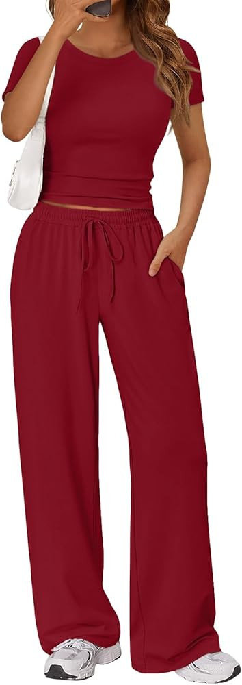 Trendy Queen 2 Piece Matching Summer Sweatsuit Lounge Set Womens Wide Leg Pants Side Ruching Crop... | Amazon (US)