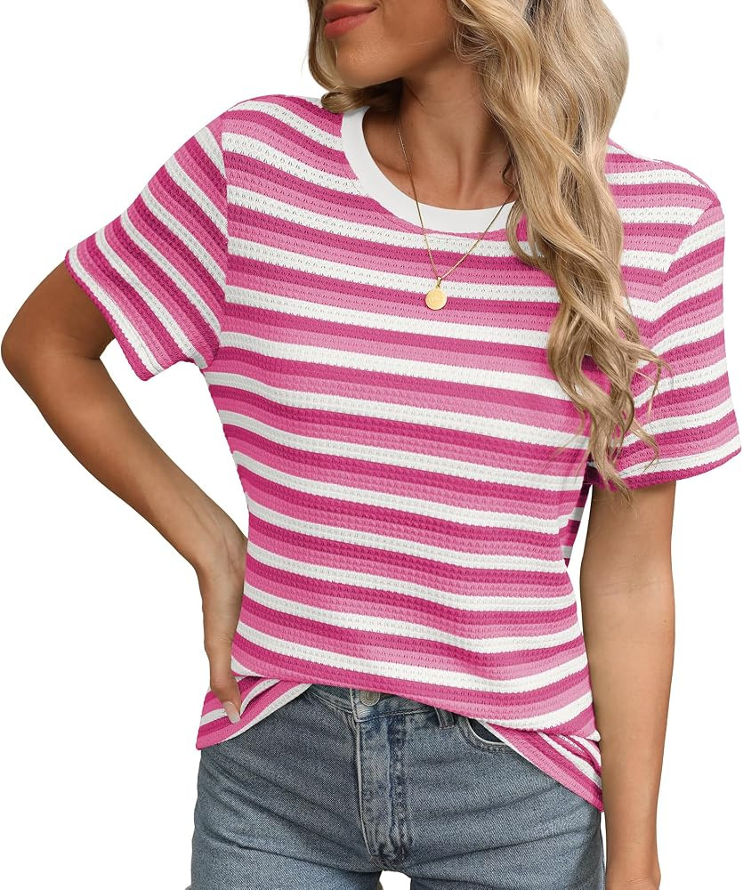 LILBETTER Summer T Shirts for Women Casual Striped Crewneck Basic Tops Short Sleeve Waffle Knit H... | Amazon (US)