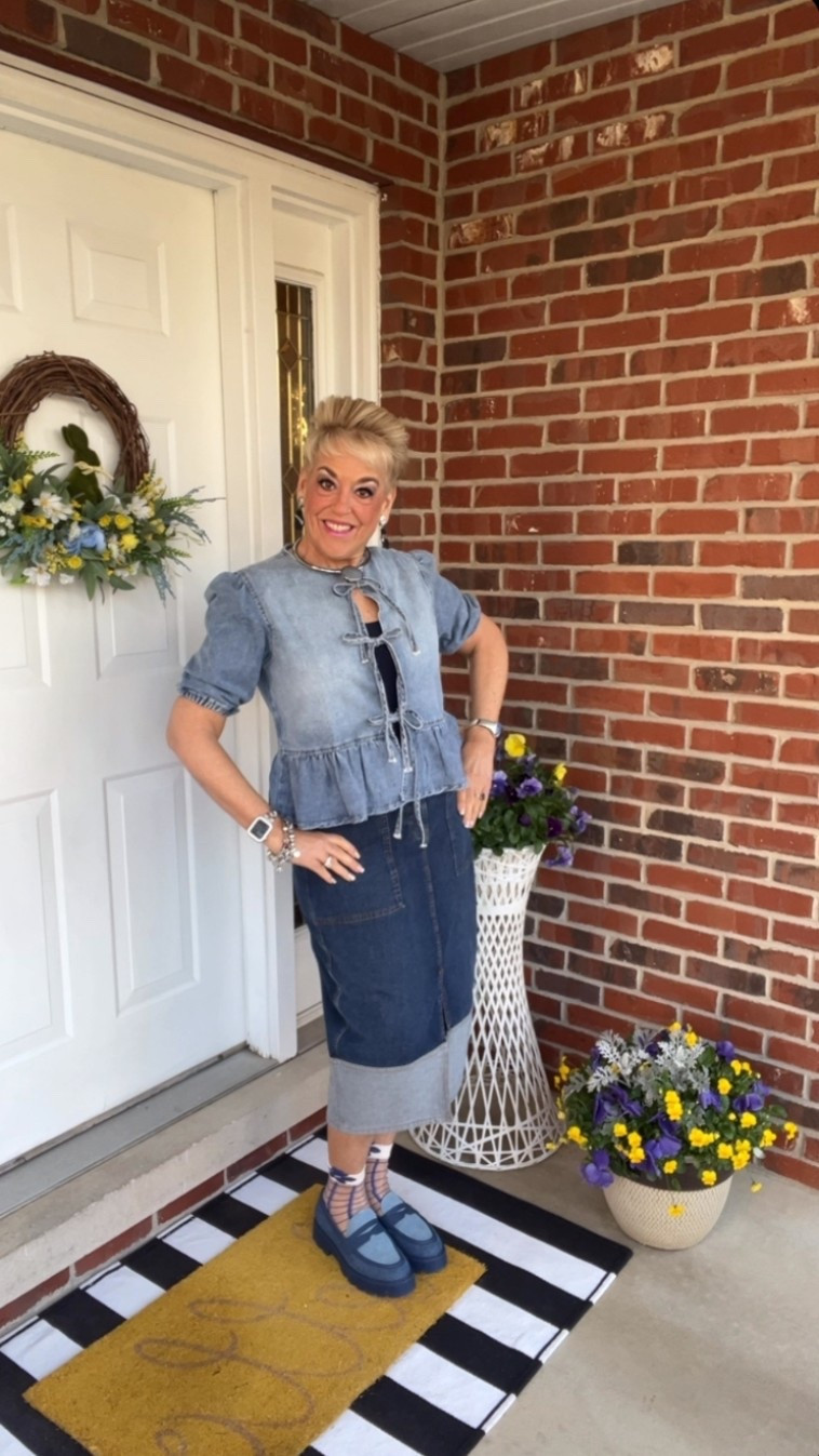 Denim Tie Front Peplum Top
Denim Skirt
Denim Loafers
Sheer Blue Socks
Denim Trench Coat
