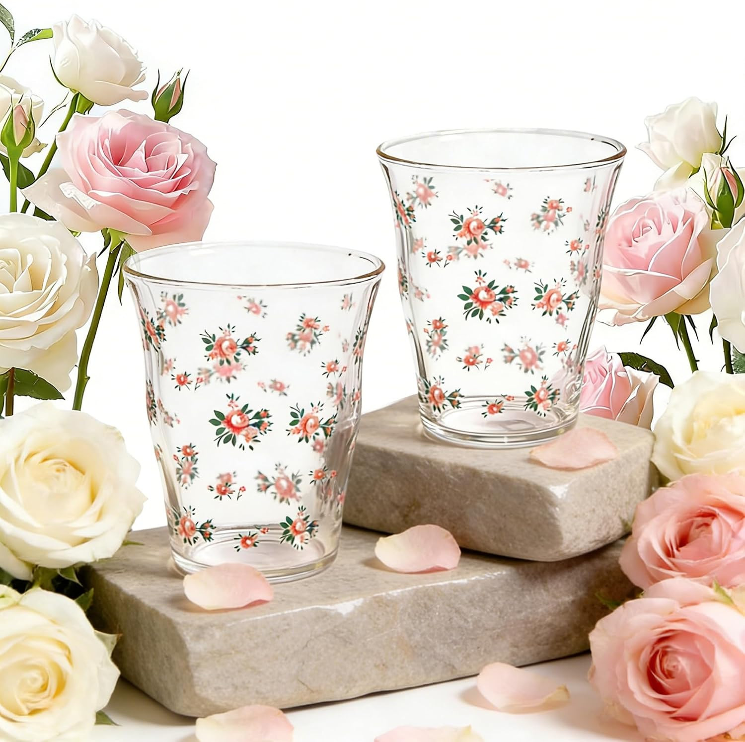 2-Pack Floral Glass Tea Cups, Pink Rose Glass Coffee Cups, Vintage Flower Drinking Glasses Set, Cute Aesthetic Glassware, Tea Cup Gift for Women, Mom, Sister, Friends | Amazon (US)