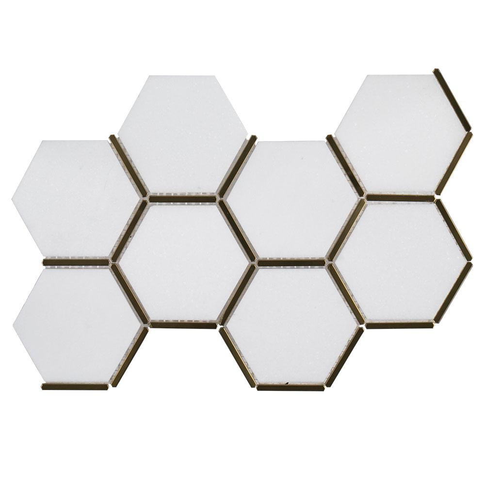 Jeff Lewis Laurel Brass White 8.625 in. x 15.125 in. x 9 mm Hexagon Honed Marble and Metal Wall a... | The Home Depot