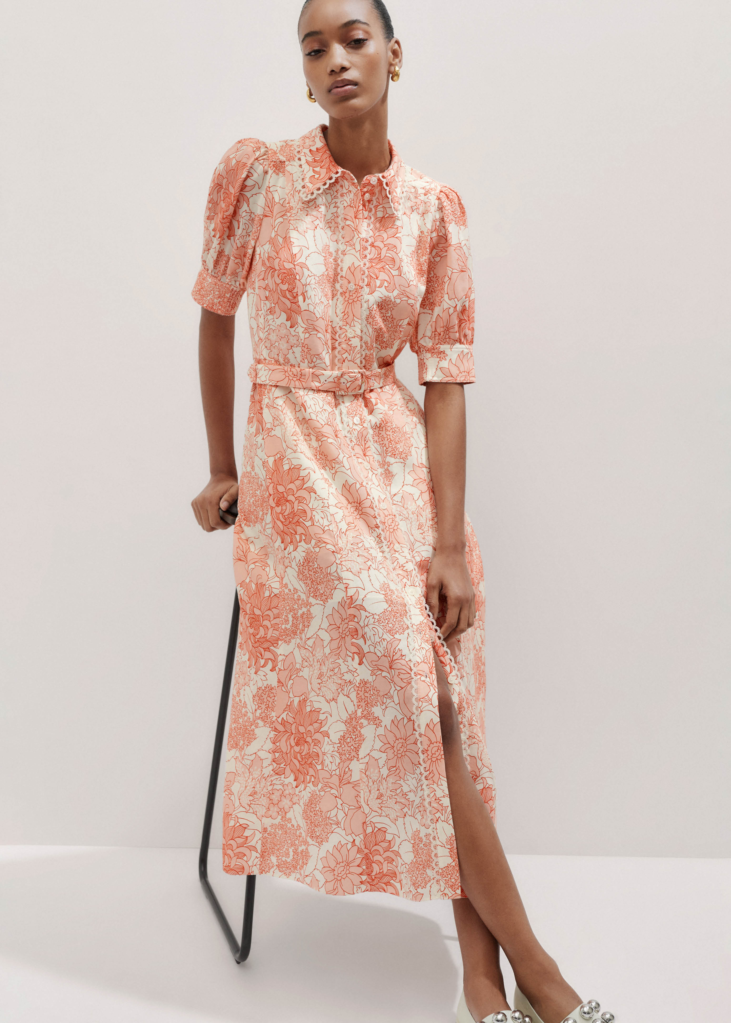 Women's Cream Linen-Blend Stencil Meadow Print Midi Dress + Belt | ME+EM | ME+EM Global (Excluding US)