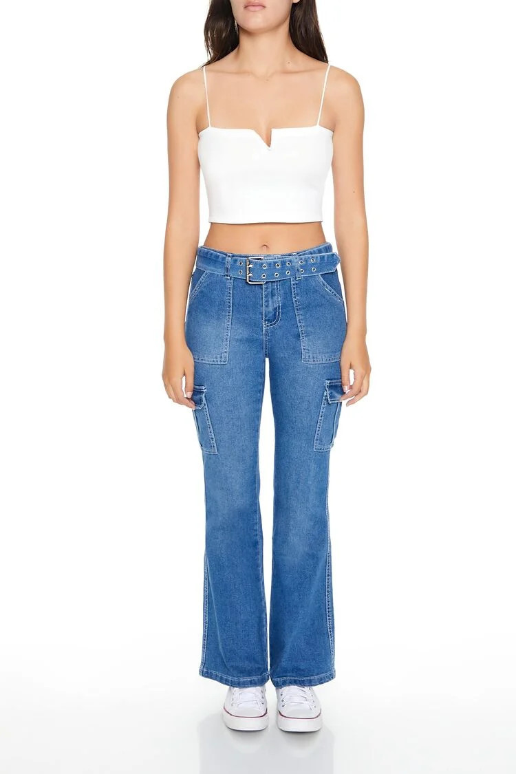 Women's Low-Rise Cargo Flare Jeans in Medium Denim | Forever 21