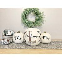 Autumn Wedding Decor, Pumpkins, Mr & Mrs Personalized Monogram Centerpiece, Gift Table Pumpkin | Etsy (US)