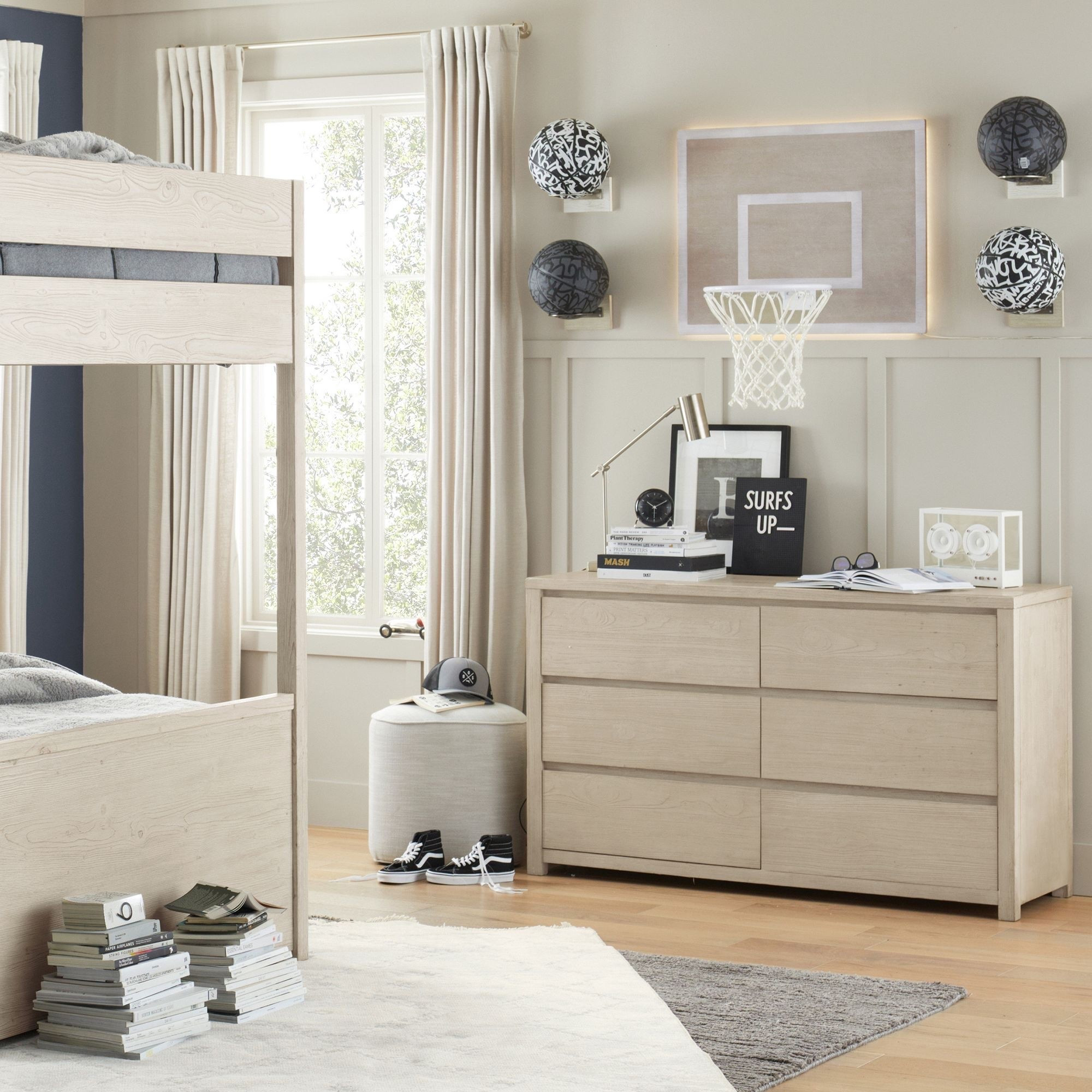 Boys bedroom furniture and decor with basketball style, neutral aesthetic, Pottery Barn style, Amazon home, Wayfair, bedding, hoop, bunkbeds, dresser, wall basketball net, ottoman pouf, area rug, modern organic, transitional, coastal, minimalist

#LTKkids #LTKhome #LTKsale