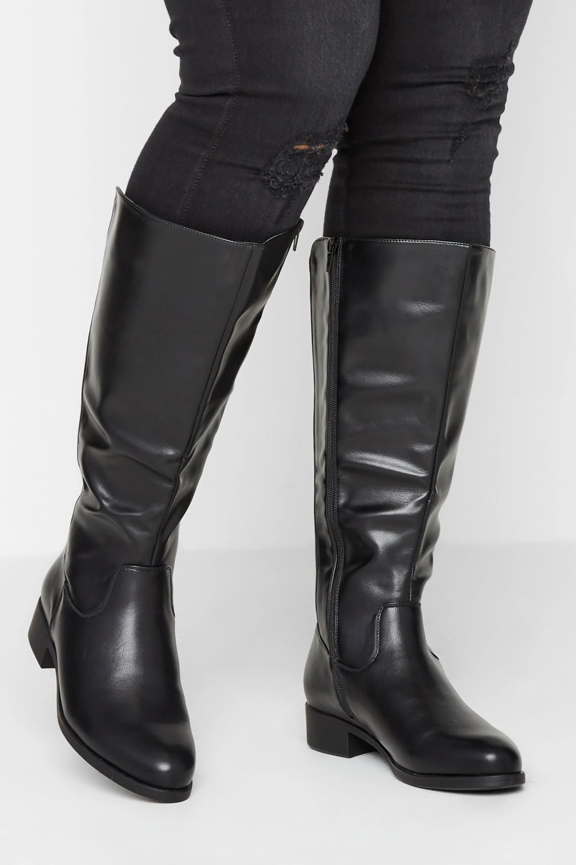 Black Faux Leather Stretch Knee High Boots In Wide E Fit & Extra Wide EEE Fit | Yours Clothing UK
