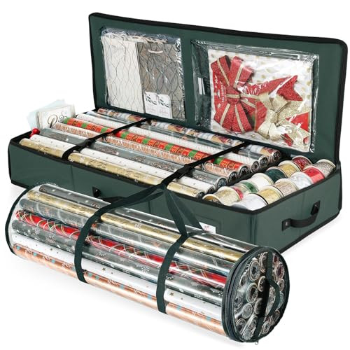 Hearth & Harbor Wrapping Paper Storage Container and Clear Wrap Paper Holder - Christmas Storage Bag with Interior Pockets - Fits Up to 36 Rolls of 40" - Tear Proof, Green | Amazon (US)