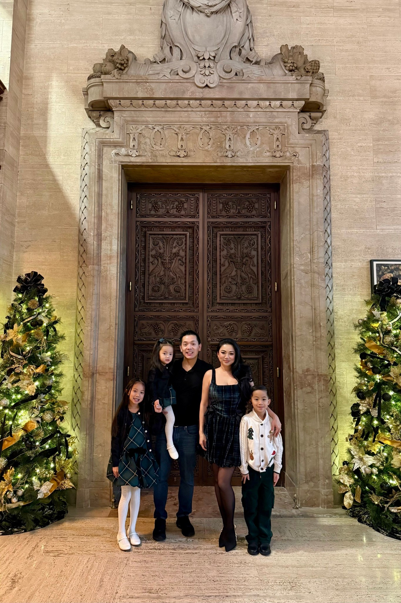 Matching Family Holiday Green Blue Plaid // Family matching for the holidays in green and blue plaid. Mom in a plaid velvet bubble mini skirt dress with trimmed with satiny bows. The girls are in a all over plaid with metallic threading with a velvet bow at the waist. They paired it with a super soft embellished black cardigan. The son is in a crochet holiday shaw cardigan featuring a rib-knit shawl collar, long cable knit sleeves, button front, crochet holiday icons, and heathered yarn. He paired it with dark green cordoroys.

#LTKHoliday #LTKootd #LTKmomlife