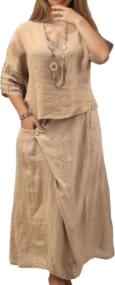 Linen Sets for Women 2 piece Loose Fit Skirt Sets Half Sleeve Top Casual Maxi Skirt with Pockets ... | Amazon (US)