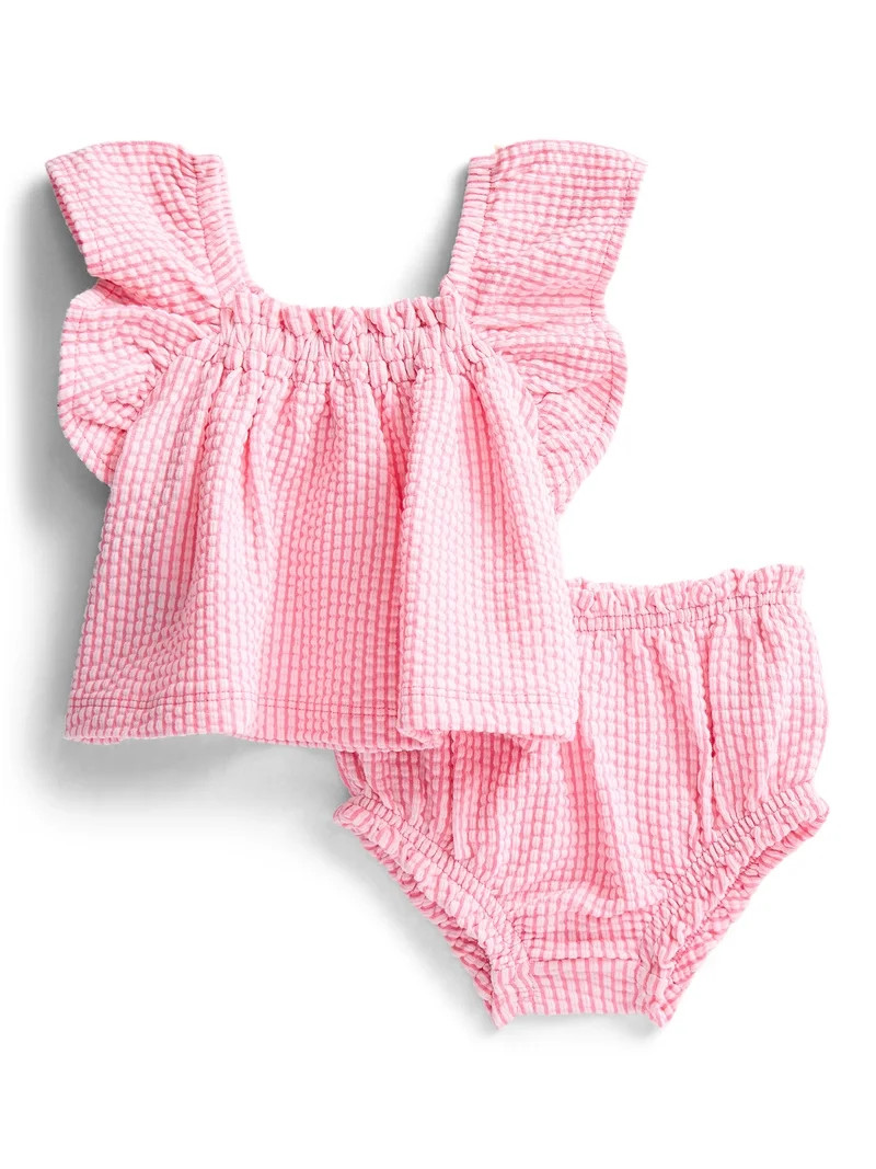 Wonder Nation Baby Girls Seersucker Romper & Bloomers with Flutter-Sleeve, 2-Piece Set, Sizes 0... | Walmart (US)