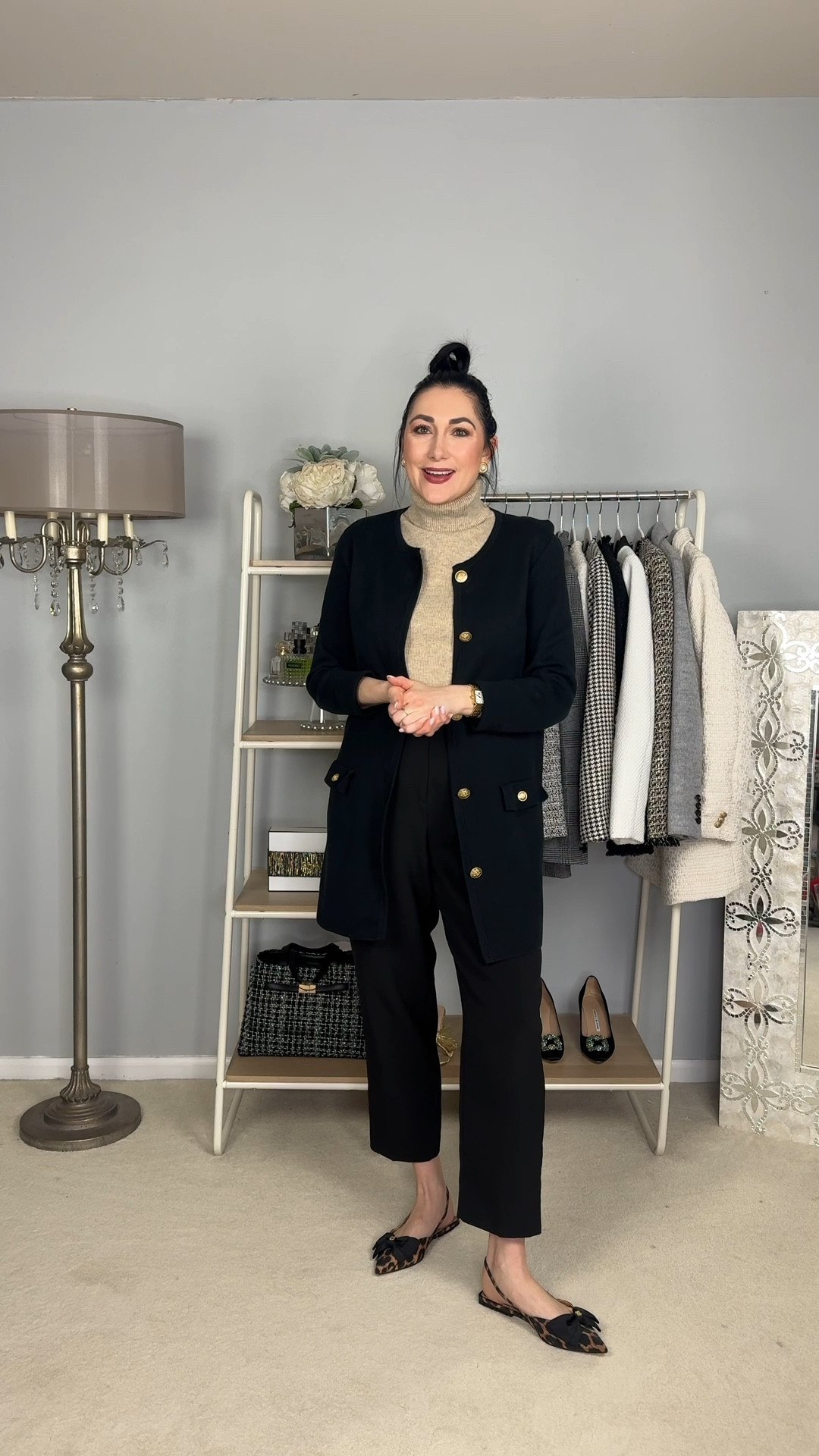 Classic work outfit 🖤

Black cardigan 
Tan sleeveless turtleneck sweater 
black pants size 4 curvy 
Leopard sling back flats size 7, could of sized up half size 

Work wear 
Office outfit 
Business casual 


#LTKWorkwear #LTKSaleAlert