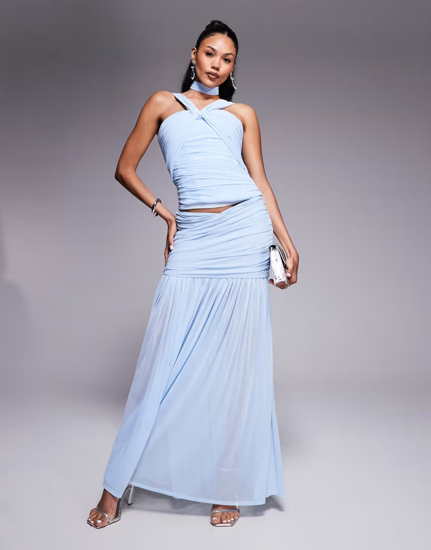 Taideux fuller bust Maya rushed mesh maxi skirt co-ord in pastel blue | ASOS (Global)