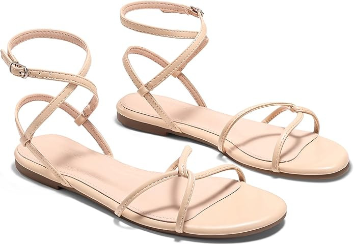 Coutgo Womens Flat Sandals Strappy Open Toe Cross Lace Up Ankle Strap Summer Dressy Beach Shoes | Amazon (US)