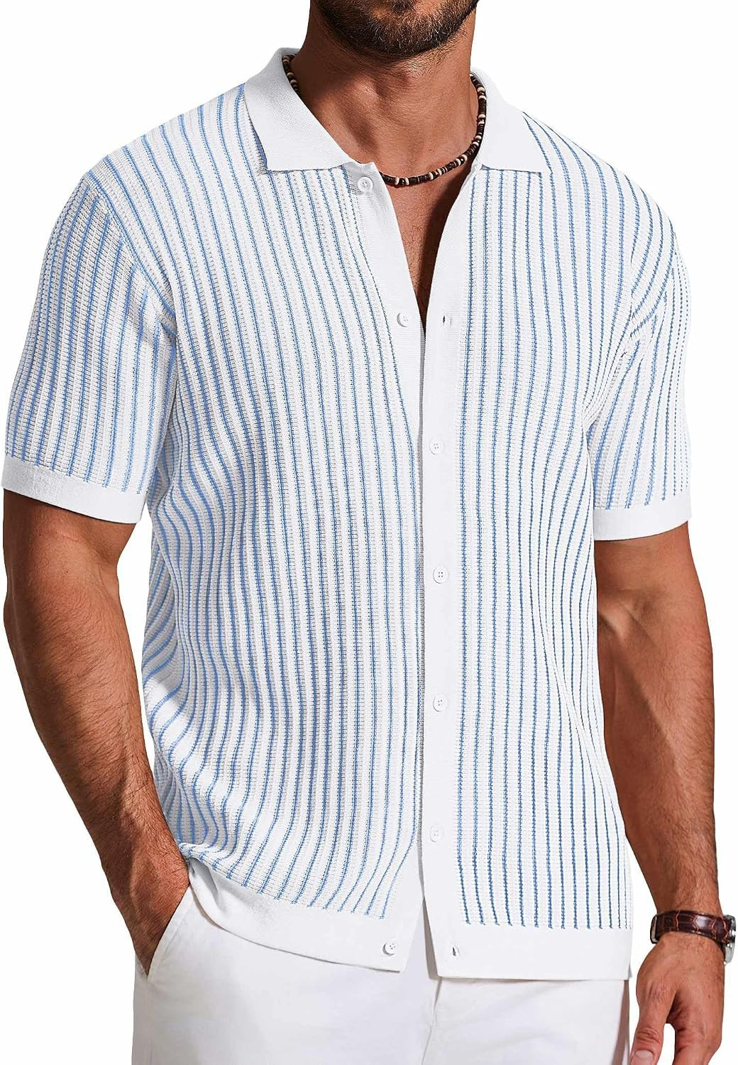 COOFANDY Mens Knit Button Down Shirts Short Sleeve Polo Shirt Vintage Striped Casual Shirts | Amazon (US)