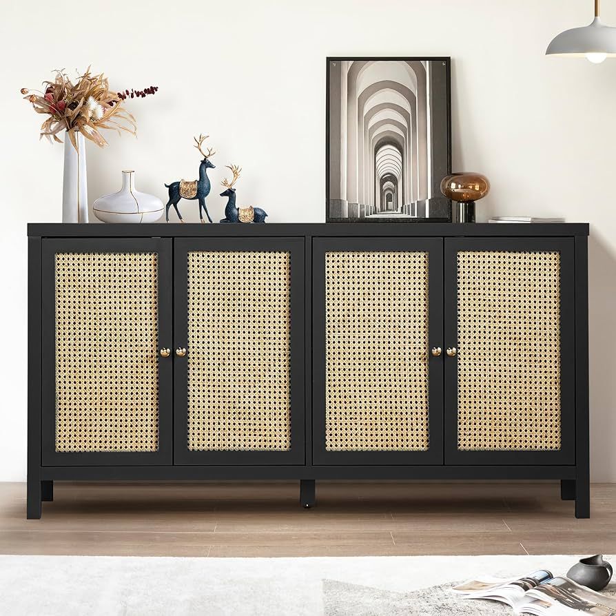 QHITTY Sideboard Buffet Cabinet, Rattan Accent Cabinet Storage Cabinet Console Table with 4 Doors... | Amazon (US)