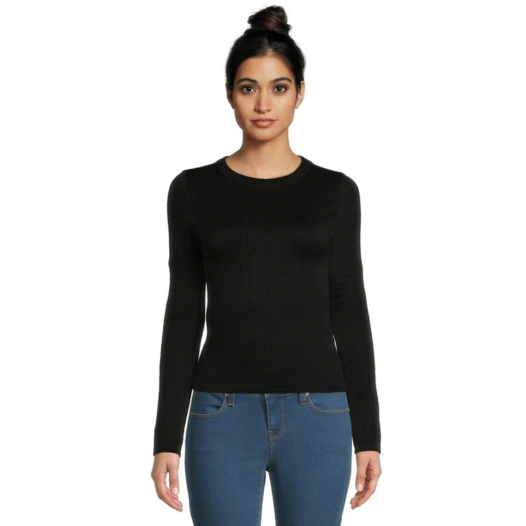 No Boundaries Juniors’ Crewneck Waffle Tee with Long Sleeves, Sizes XS-XXL | Walmart (US)