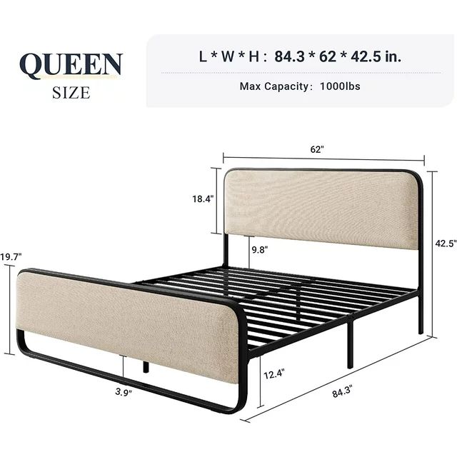 Allewie Queen Size Metal Platform Bed Frame with Curved Upholstered Headboard and Footboard, Beig... | Walmart (US)