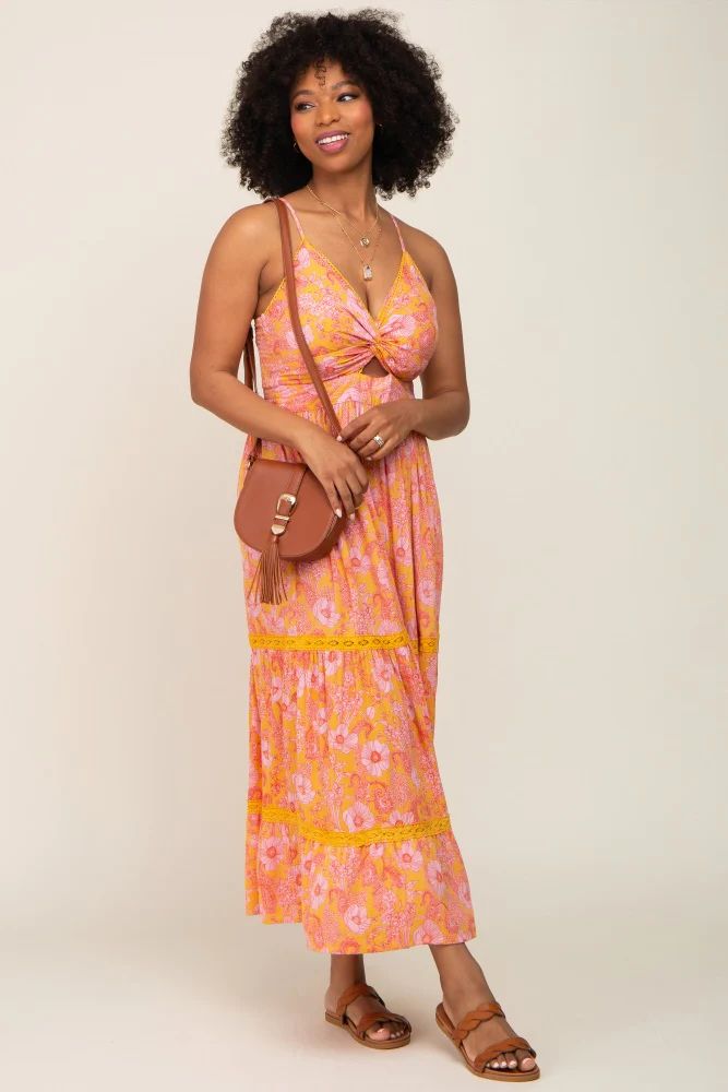 Yellow Floral Front Knot Cutout Crochet Trim Maternity Maxi Dress | PinkBlush Maternity