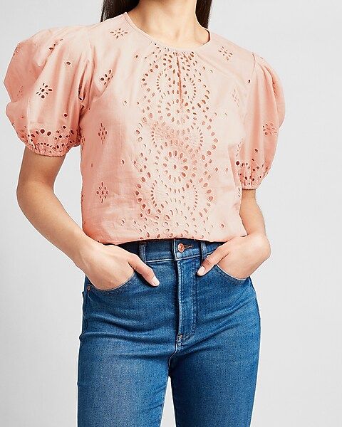 Embroidered Eyelet Lace Puff Sleeve Top | Express