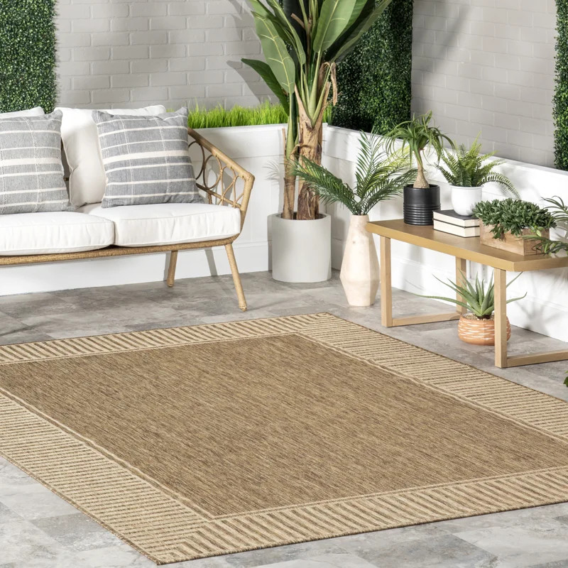 Alegre Bordered Power Loom Tan Indoor/Outdoor Patio Rug | Wayfair Professional