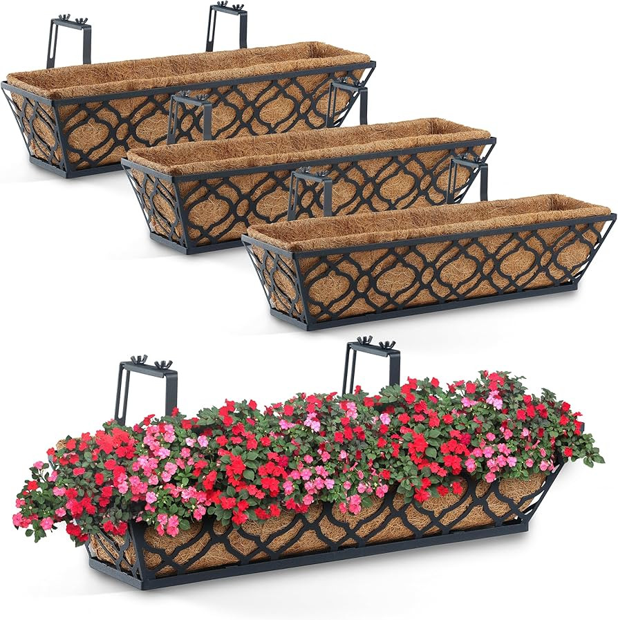 Window Deck Box Railing Planter Boxes with Coco Liner (Pack 4), 24'' Window Basket Deck Railing P... | Amazon (US)