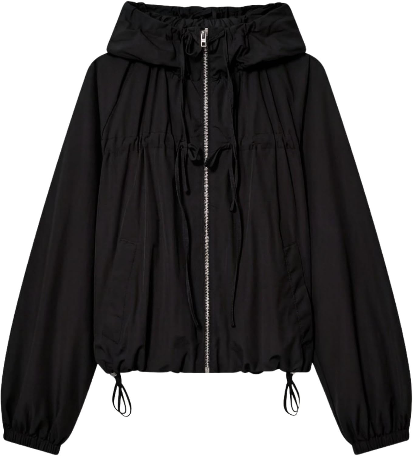 Xunger Women's Gathered Hooded Jacket Casual Loose Fit Bow Detail Coat Drawstring Hem Long Sleeve Outerwear with Pockets | Amazon (US)