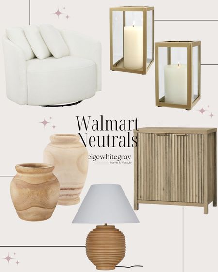 Walmart neutrals I’m loving! From the viral Walmart swivel chair, to the pretty gold lanterns to the pretty wood vases, and the lamp is so cute and the cabinet is one of my favorite pieces 

#LTKStyleTip #LTKHome #LTKFindsUnder100
