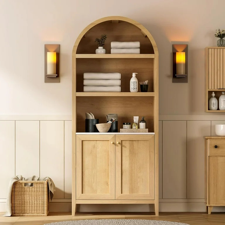 71" Tall Arched Cabinet, 5-Tier Arched Bookcase Storage Display Cabinet with Faux Marble Tabletop... | Walmart (US)