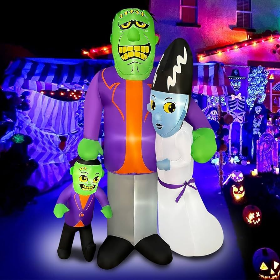 BLOWOUT FUN 6ft Halloween Inflatable Frankenstein Monster, Bride, and Son Family, LED Blow Up Lig... | Amazon (US)