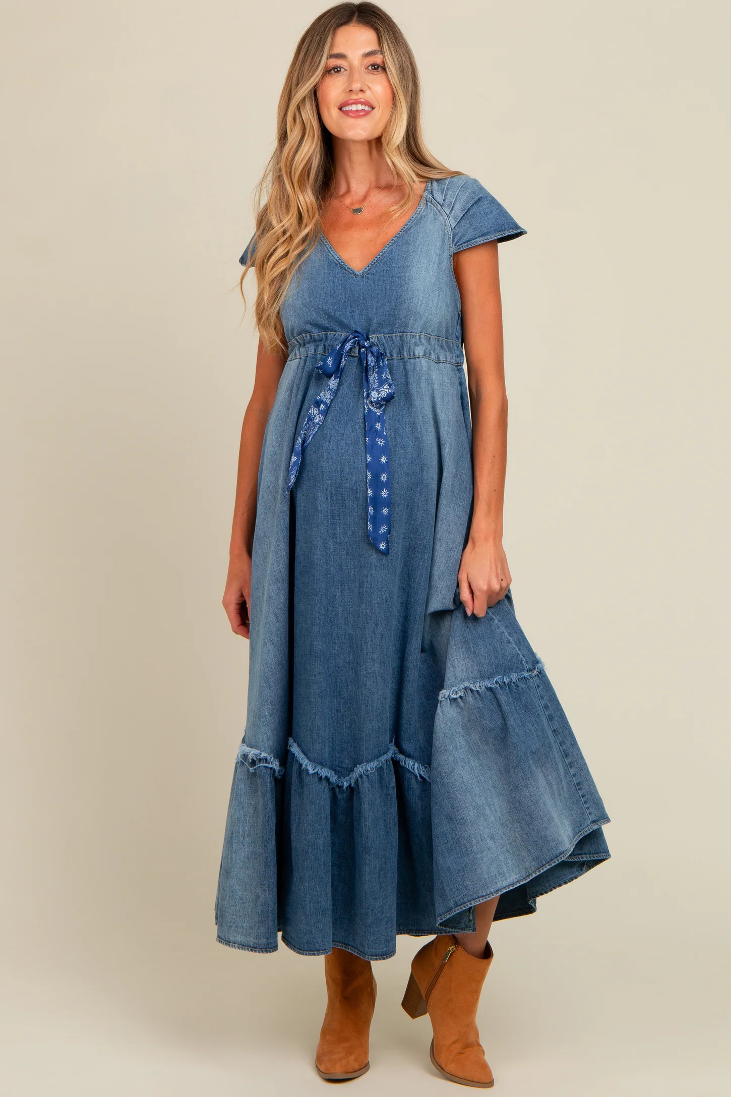 Blue Denim Sash Waist Maternity Maxi Dress | PinkBlush Maternity