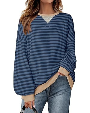 ZESICA Womens Casual Striped Pullover Tops Long Sleeve Shirts Crewneck Oversized Sweatshirts 2024... | Amazon (US)