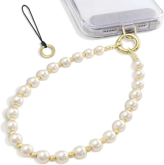 SURPHY Phone Charm, Gold Pearl Phone Charms with Tether Tab & Premium Metal Buckle, Cellphone Lan... | Amazon (US)