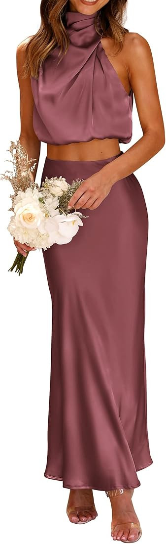 PRETTYGARDEN Women's 2 Piece Satin Outfits Summer Sleeveless Mock Neck Crop Tops and Long Skirt D... | Amazon (US)