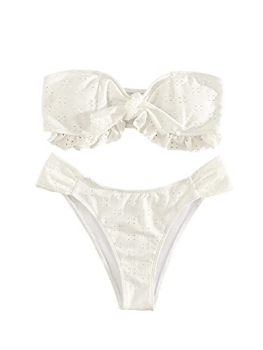WDIRARA Women's Ruffle Knot Front Bandeau Bikini Set 2 Piece Strapless Swimsuit White S | Amazon (US)