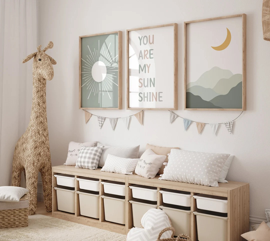 Boho Nursery Print Set of 3, You Are My Sunshine Print, Mid Century Wall Art, Sun Moon Abstract P... | Etsy (US)