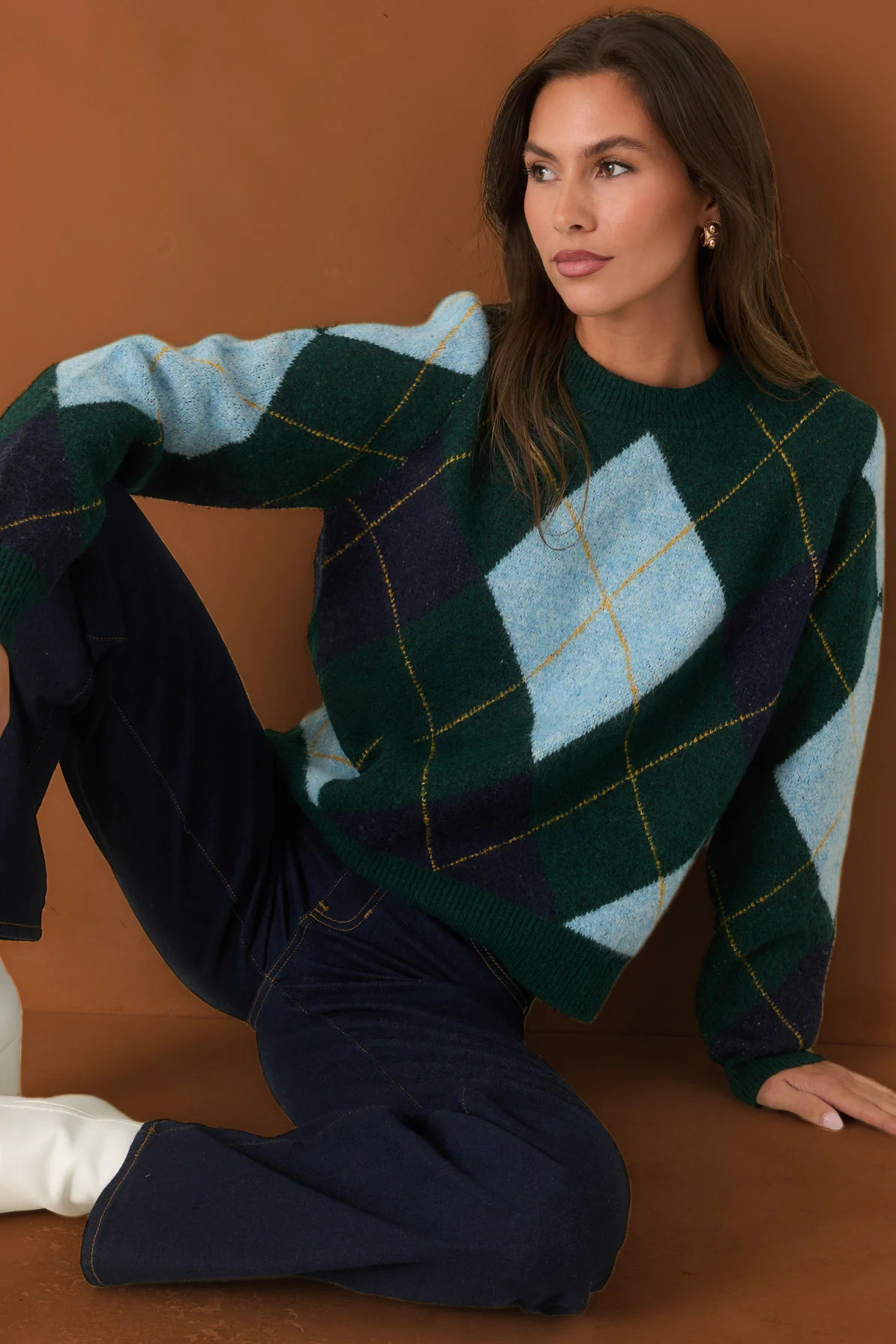 It All Checks Out Hunter Green Multi Argyle Crewneck Sweater | Red Dress