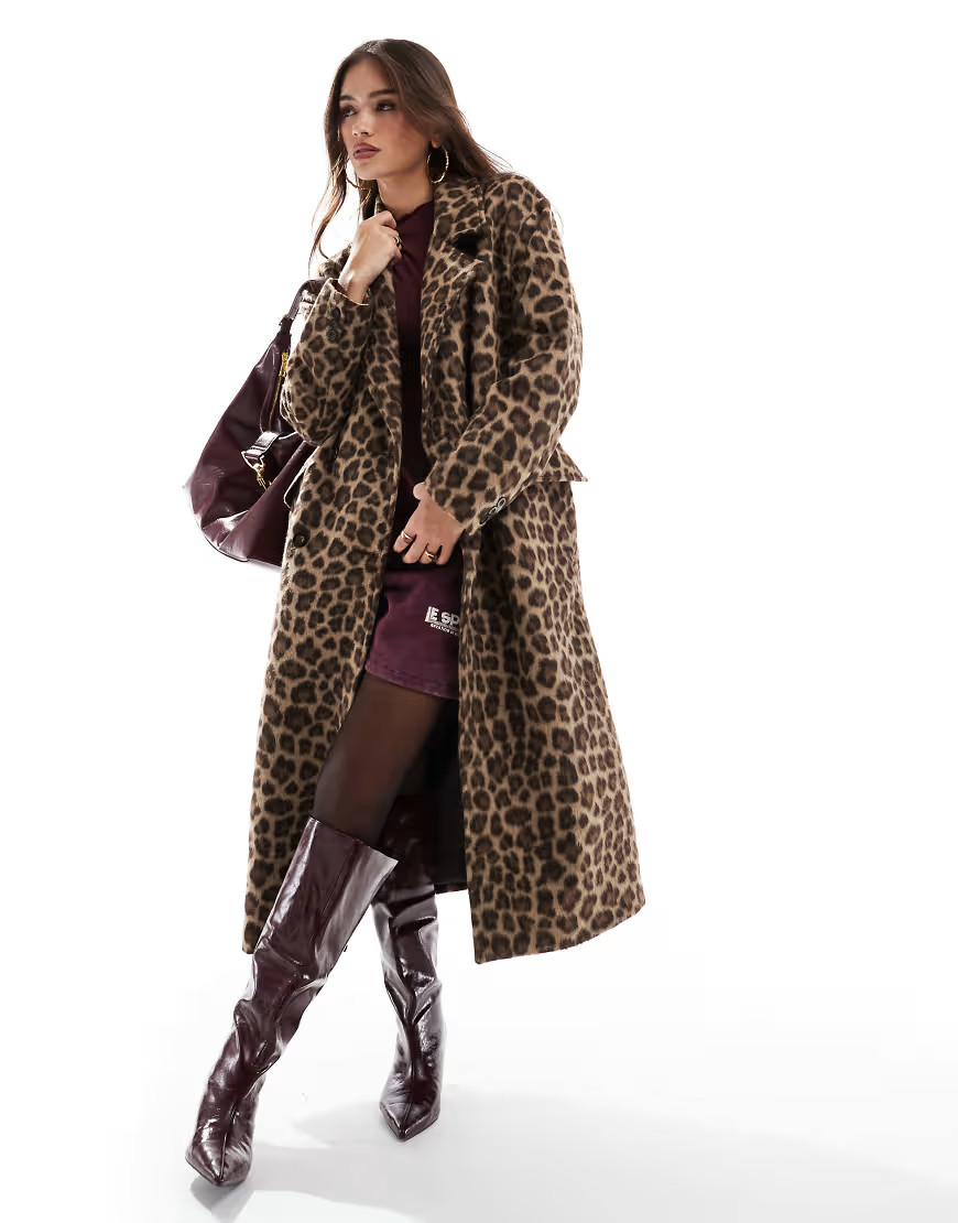 Pull&Bear longline coat in leopard print-Brown | ASOS (Global)