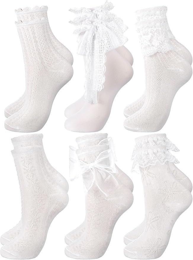 6 Pairs Women's Ruffle Ankle Socks - Lace & Frilly Cute Breathable Thin Cool Casual Socks | Amazon (US)